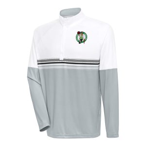 Antigua Boston Celtics White/Black Bender Quarter Zip Pullover Classy Top Limited stock! Be quick and grab this must - have jersey to support your team.