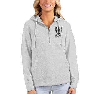 Antigua Brooklyn Nets Women's Heathered Gray Action Half Zip Pullover Distinguished Hoodie Don't be left out! Get this stylish jersey and show your team pride.