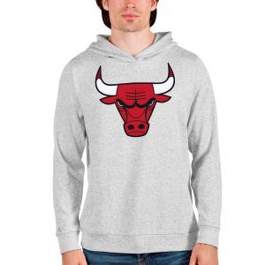 Antigua Chicago Bulls Heathered Gray Logo Absolute Pullover Distinguished Hoodie Collectors