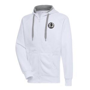Antigua Unique Dallas Mavericks White Metallic Logo Victory Raglan Full Zip Hoodie High - demand item! Order this sought - after jersey immediately.