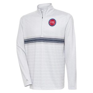 Antigua Detroit Pistons Heather Gray/Navy Bullseye Quarter Zip Pullover Top Notable Sports fans