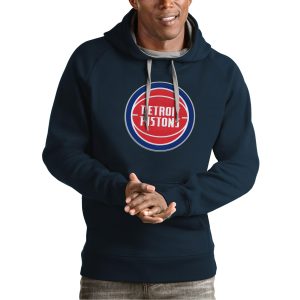 Antigua Detroit Pistons Unique Navy Team Logo Victory Pullover Hoodie Sports enthusiasts