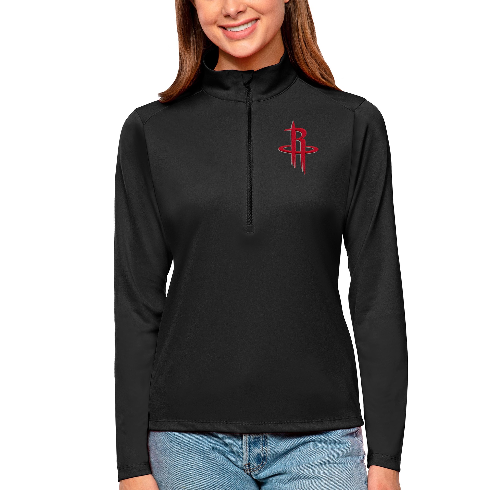 Antigua Houston Rockets Women's Charming Black Tribute Half Zip Top Limited stock! Be quick and grab this must - have jersey to support your team.