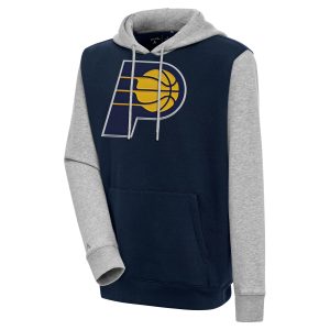 Antigua Indiana Pacers Striking Navy/Heather Gray Victory Colorblock Pullover Hoodie Upgrade your fan gear! Order this premium jersey today.