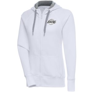 Antigua Los Angeles Lakers Women's White Brushed Metallic Captivating Victory Full Zip Hoodie Stand out from the crowd! Wear this eye - catching jersey.