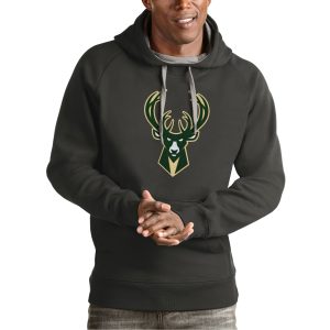 Antigua Milwaukee Elegant Bucks Charcoal Team Logo Victory Pullover Hoodie Exclusive design! Own a jersey like no other.