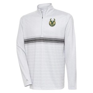 Antigua Milwaukee Bucks Heather Gray/Black Superb Bullseye Quarter Zip Pullover Top Authentic look! Wear this genuine jersey.
