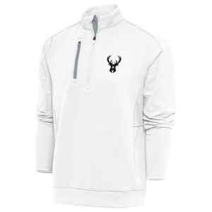 Antigua Milwaukee Bucks Fantastic White Metallic Logo Generation Quarter Zip Top Enhance your game - day look! Get this fashionable jersey.