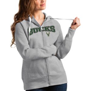 Antigua Milwaukee Bucks Women's Heathered Gray Team Victory Distinguished Full Zip Hoodie Sports enthusiasts