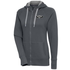 Antigua Stylish New Orleans Pelicans Women's Charcoal Brushed Metallic Victory Full Zip Hoodie Gift idea! Surprise a sports fan with this amazing jersey.