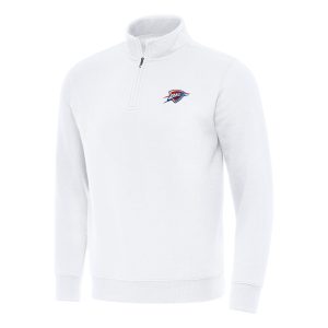 Antigua Oklahoma City Thunder White Victory Quarter Zip Striking Mock Sweatshirt Best - selling! Order this popular jersey before it's out of stock.