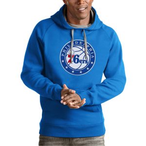 Antigua Philadelphia 76ers Blue Team Logo Victory Pullover Admirable Hoodie Customizable! Personalize this great jersey.