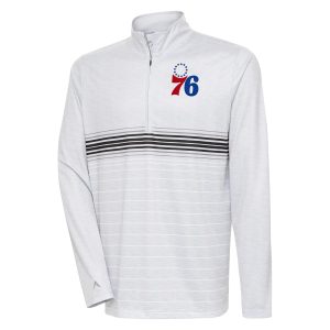 Antigua Philadelphia Captivating 76ers Heather Gray/Black Bullseye Quarter Zip Pullover Top For a short time only! Don't miss out on this fantastic jersey.