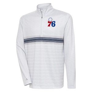 Antigua Philadelphia 76ers Heather Gray/Navy Bullseye Quarter Distinguished Zip Pullover Top Stand out from the crowd! Wear this eye - catching jersey.