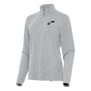Antigua Utah Jazz Women's Heather Gray Mentor Quarter Zip Mock Top - notch Long Sleeve Top Upgrade your fan gear! Order this premium jersey today.