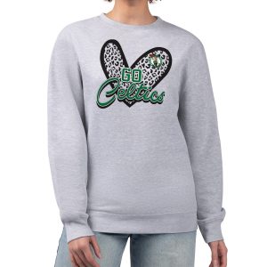 Boston Celtics G III 4Her by Carl Banks Heather Gray Women's GIII 4 Her Leopard Heart graphic Fleece Distinguished Crewneck sweatshirt Customizable! Personalize this great jersey.