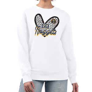 Denver Nuggets G III 4Her by Carl Banks White Alluring Women's GIII 4 Her Leopard Heart graphic Fleece Crewneck sweatshirt Gift idea! Surprise a sports fan with this amazing jersey.