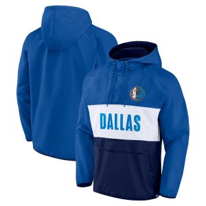 Fanatics Dallas Mavericks Striking Royal/Navy Team Leader Iconic Colorblock Anorak Raglan Quarter Zip Hoodie Enhance your game - day look! Get this fashionable jersey.