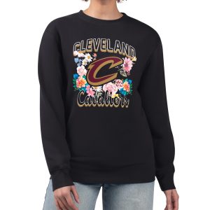 G III 4Her by Stunning Carl Banks Cleveland Cavaliers Women's Black Flowers Team Logo Graphic Fleece Crewneck Pullover Sweatshirt Sports enthusiasts