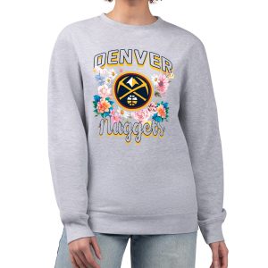 G III 4Her by Carl Banks Denver Nuggets Women's Heather Gray Flowers Elegant Team Logo Graphic Fleece Crewneck Pullover Sweatshirt Don't be left out! Get this stylish jersey and show your team pride.