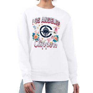 G III 4Her by Carl Banks LA Exceptional Clippers Women's White Flowers Team Logo Graphic Fleece Crewneck Pullover Sweatshirt High - demand item! Order this sought - after jersey immediately.