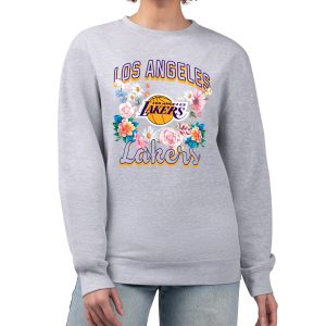 G High - quality III 4Her by Carl Banks Los Angeles Lakers Women's Heather Gray Flowers Team Logo Graphic Fleece Crewneck Pullover Sweatshirt New arrival! Check out this fresh and exciting jersey.
