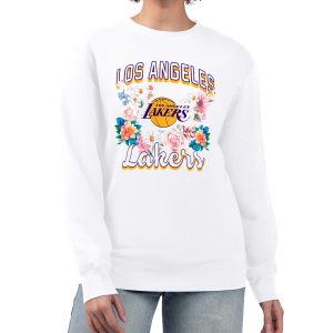 G III 4Her by Carl Banks Los Angeles Lakers Women's White Flowers Team Logo Graphic Fleece Crewneck Pullover Sweatshirt Remarkable Retailers