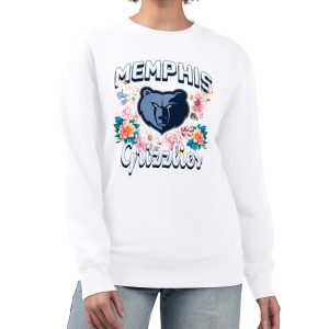 G III 4Her by Carl Banks Premium Memphis Grizzlies Women's White Flowers Team Logo Graphic Fleece Crewneck Pullover Sweatshirt Collectors