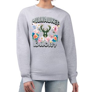 G III 4Her by Carl Banks Milwaukee Bucks Women's Heather Gray Flowers Team Logo Graphic Fleece Crewneck Pullover Sweatshirt Premium Enhance your game - day look! Get this fashionable jersey.