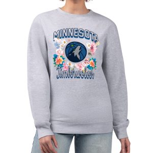 G III 4Her by Carl Banks Minnesota Timberwolves Women's Heather Gray Dashing Flowers Team Logo Graphic Fleece Crewneck Pullover Sweatshirt Limited edition! Don't miss your chance to own this unique jersey.