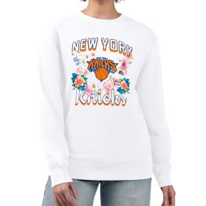 G III 4Her by Carl Banks New York Knicks Women's White Flowers Team Logo Graphic Fleece Crewneck Pullover Top - notch Sweatshirt Exclusive design! Own a jersey like no other.