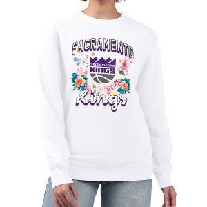 G III 4Her by Carl Banks Sacramento Kings Women's White Flowers Team Phenomenal Logo Graphic Fleece Crewneck Pullover Sweatshirt Retailers