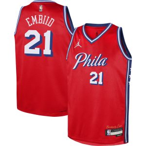 Jordan Brand Joel Embiid Captivating Philadelphia 76ers Youth Red Swingman Jersey Statement Edition Stand out from the crowd! Wear this eye - catching jersey.