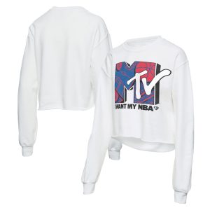 Junk Food Women's White NBA x MTV Stylish I Want My Cropped Fleece Pullover Sweatshirt Experience luxury! Order this high - end jersey.