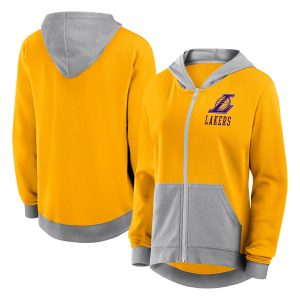 Los Angeles Lakers Women's Gold Hit It French Terry Elegant Full Zip Hoodie Stand out from the crowd! Wear this eye - catching jersey.