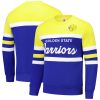 Mitchell & Premium - grade Ness Golden State Warriors Royal/Gold Hardwood Classics Vintage Logo Head Coach Pullover Sweatshirt Be a part of the action! Get this game - ready jersey.