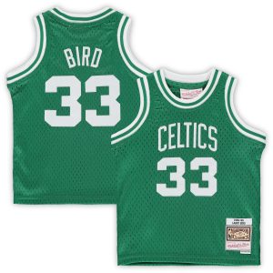 Mitchell & Ness Larry Bird Boston Celtics Infant Kelly High - quality Green 1985/86 Hardwood Classics Retired Player Jersey Collector's item! A rare addition to any collection.