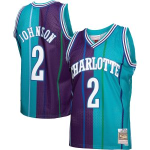 Mitchell & Gorgeous Ness Larry Johnson Charlotte Hornets Teal/Purple Hardwood Classics 1992/93 Split Swingman Jersey Sports fans