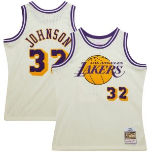 Mitchell & Ness Magic Johnson Los Angeles Lakers Cream Chainstitch Swingman Jersey Admirable High - demand item! Order this sought - after jersey immediately.