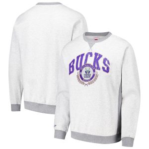 Mitchell & Terrific Ness Milwaukee Bucks Heather Gray Vintage Logo Pullover Sweatshirt Upgrade your fan gear! Order this premium jersey today.