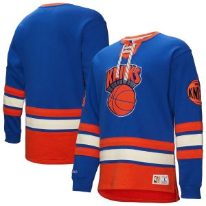 Mitchell & Ness New York Knicks Blue Hardwood Classics Heritage Lace Top - notch Up Pullover Sweatshirt Sports fans