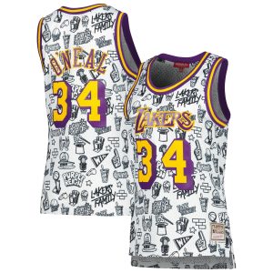 Mitchell & Ness Shaquille O'Neal Los Angeles Superb Lakers Women's White 1996 Doodle Swingman Jersey Collector's item! A rare addition to any collection.