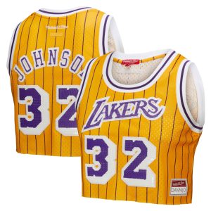 Mitchell & Ness x DANNIJO Magic Johnson Los Angeles Lakers Women's High - quality Yellow Fashion Cropped Basketball Jersey Exclusive design! Own a jersey like no other.