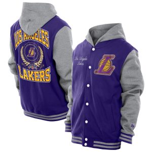 New Era Los Angeles Striking Lakers Purple Throwback Prep Chenille Full Snap Hooded Varsity Jacket Don't be left out! Get this stylish jersey and show your team pride.