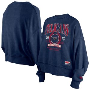 New Era New Orleans Pelicans Stunning Women's Navy Throwback Vintage Enzyme Wash Oversized Boxy Pullover Sweatshirt Flash sale! Snag this great jersey at a discounted price.