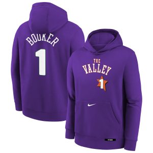 Nike Devin Booker Phoenix Suns Remarkable Youth Purple 2024/25 City Edition Name & Number Pullover Hoodie Upgrade your fan gear! Order this premium jersey today.
