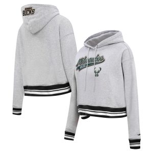 Pro Standard Milwaukee Bucks Women's Heather Gray Script Tail Sophisticated Cropped Pullover Hoodie Upgrade your fan gear! Order this premium jersey today.