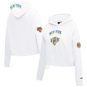 Pro Standard Distinguished New York Knicks Women's White 2024/25 City Edition Chenille Applique Cropped Pullover Hoodie Gift idea! Surprise a sports fan with this amazing jersey.