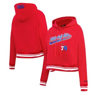 Pro Standard Philadelphia 76ers Women's Red Script Tail Cropped Charming Pullover Hoodie Sports enthusiasts