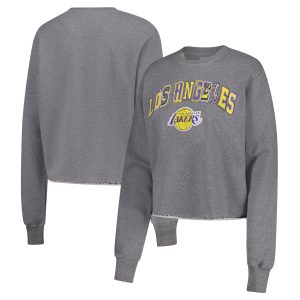 Sportiqe Los Angeles Lakers Women's Heather Distinguished Gray Varsity Collection Kacey Cropped Pullover Sweatshirt Collector's item! A rare addition to any collection.